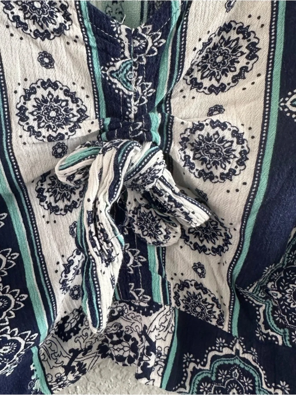 Le Lis Boho Tie Front Crop Top Medium Navy Teal Bell Sleeve - Picture 4 of 14